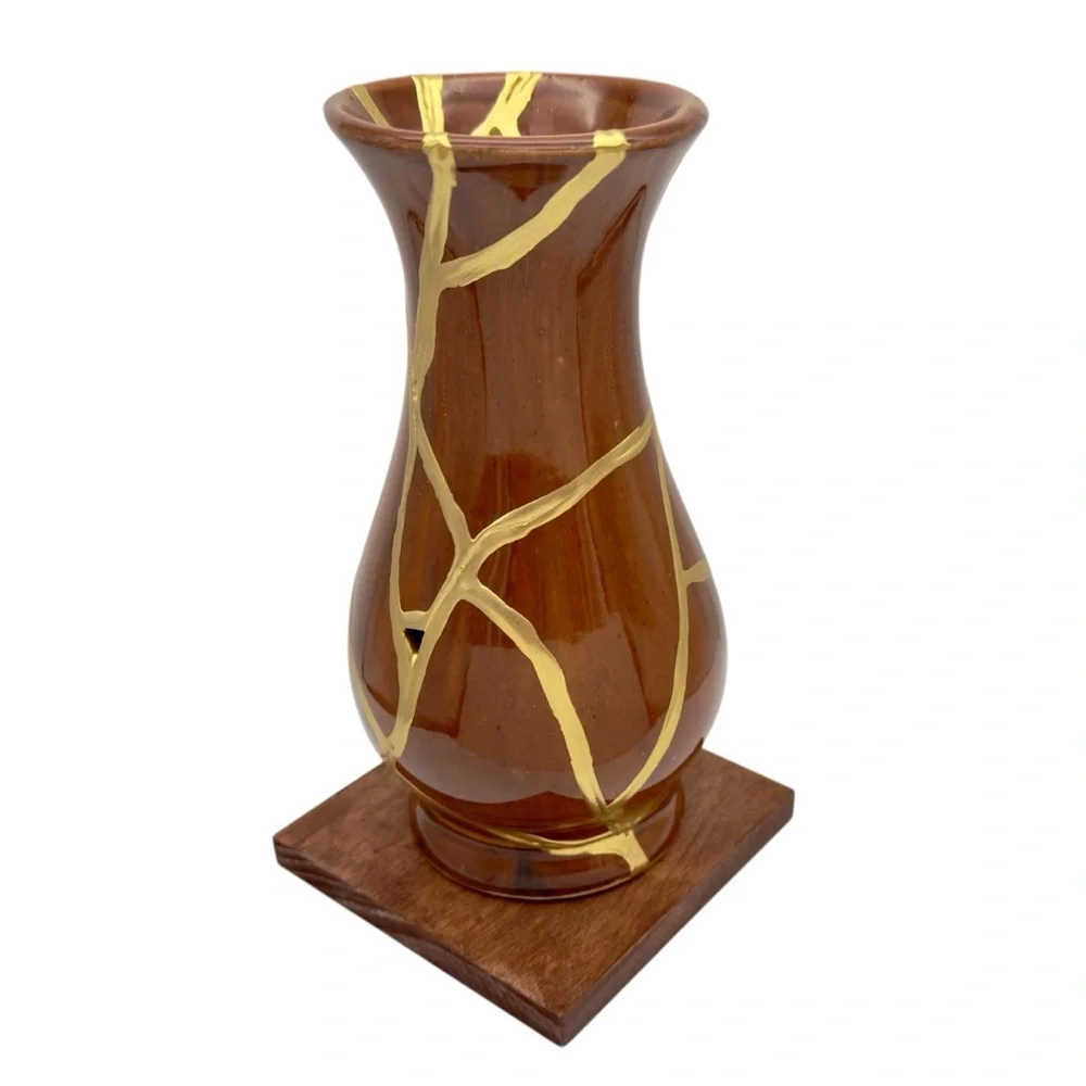 Kintsugi Vase Brown Glazed Pottery Gold Crack Art Anniversary Growth Gift - Picture 12 of 17